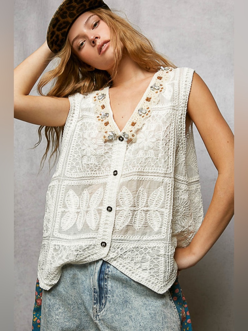 POL Lace Trim Embroidered Floral V-Neck Crochet Vest